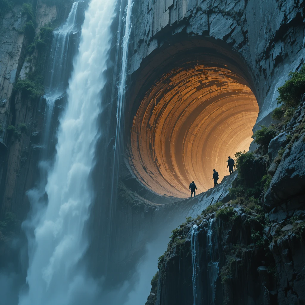 Low angle view of towering waterfall and rocky cliff cave