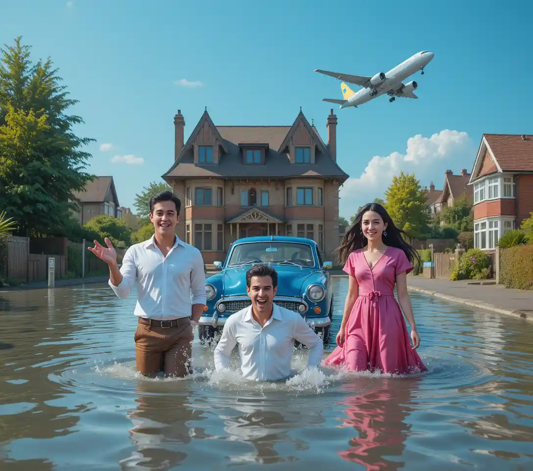 Surreal flooded suburb with shocked man and floating car