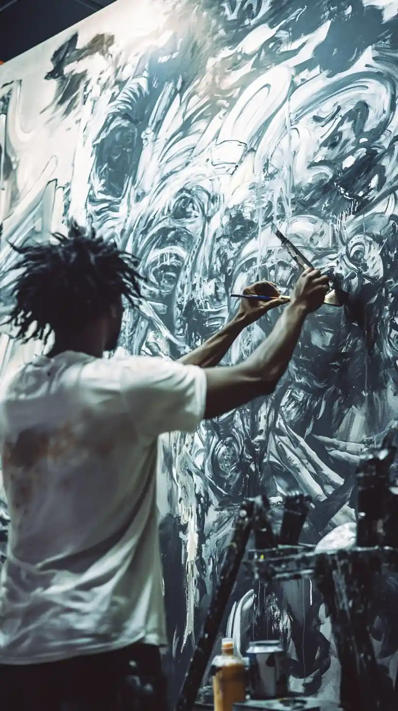 Artist painting a surreal afrofuturistic mural in gallery