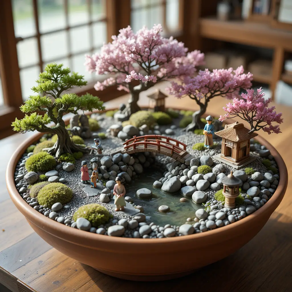 Miniature Japanese garden with bonsai trees in a terracotta bowl