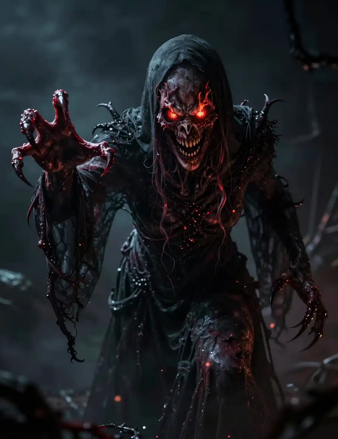 Terrifying ghostly specter with glowing red eyes and claws
