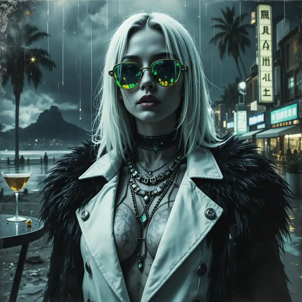 Femme fatale cyberpunk en primer plano con tatuajes de circuitos de neón