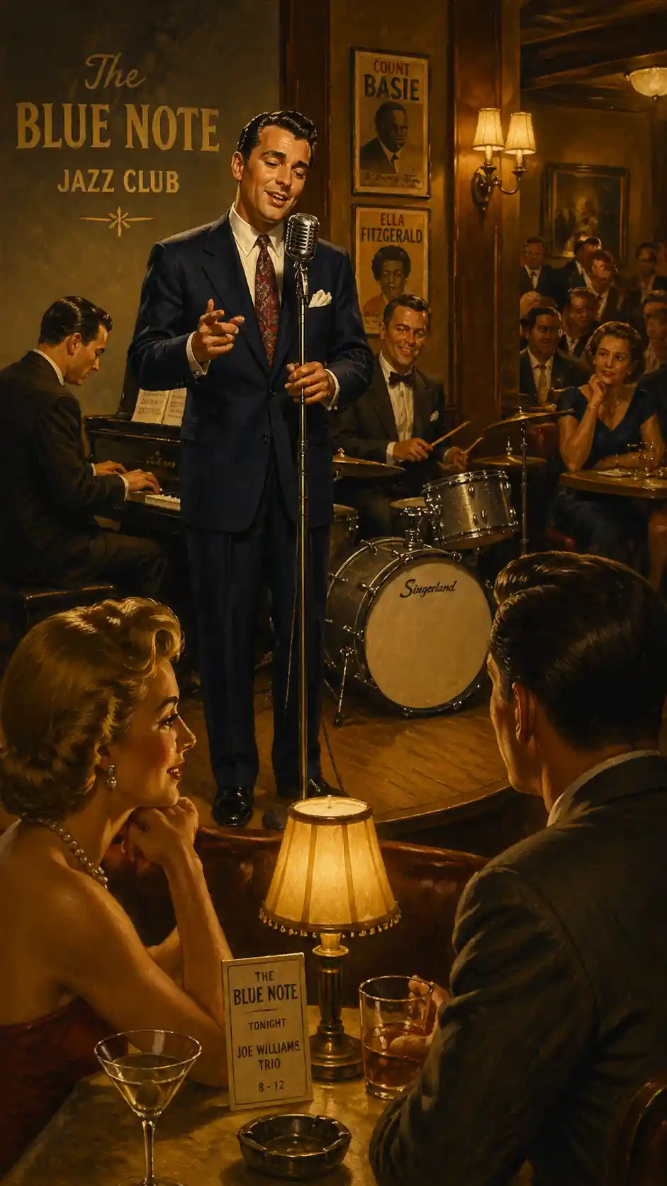 Singer performing on stage in a vintage jazz club