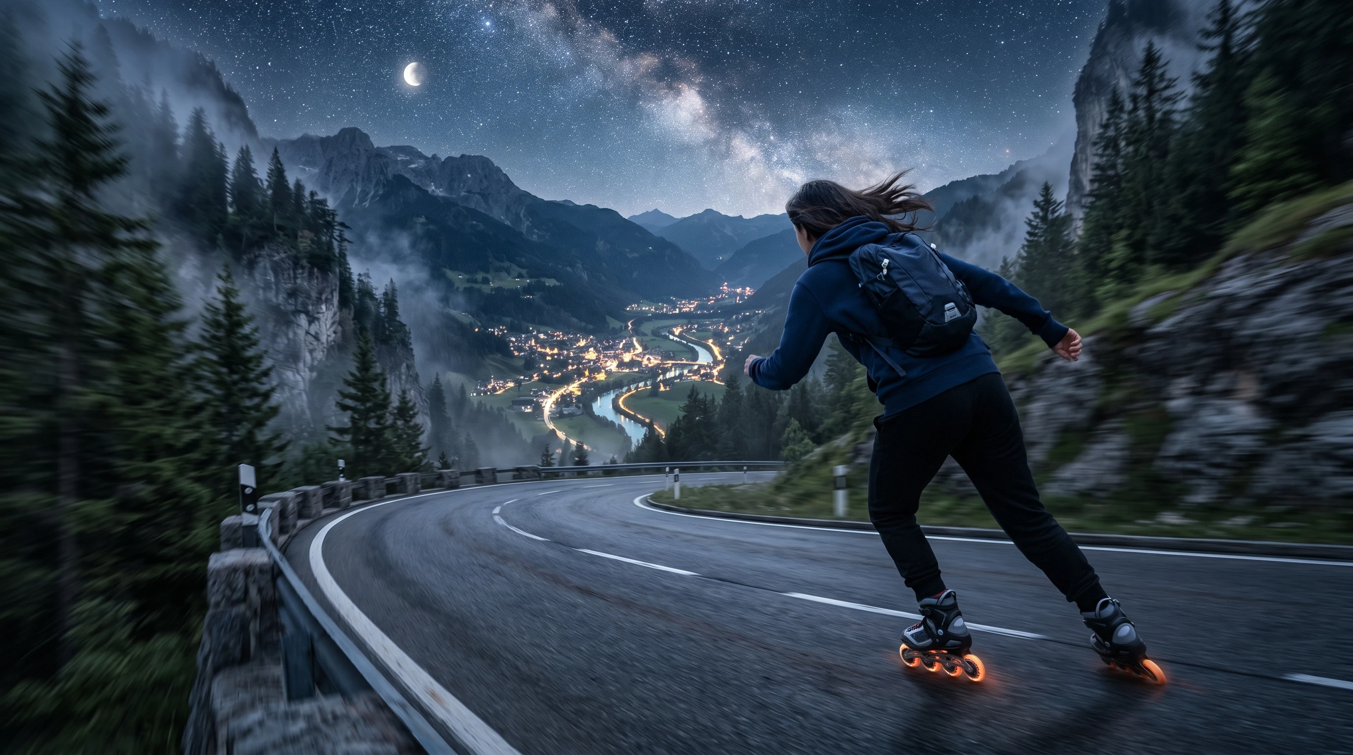 Chica patinando de noche por una carretera de montaña sinuosa