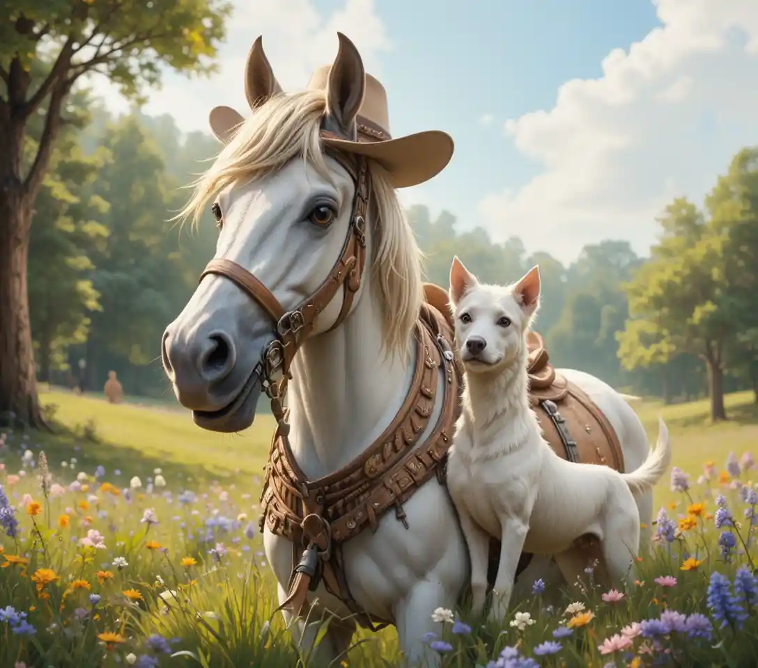 White horse and brown horse standing in sunny meadow