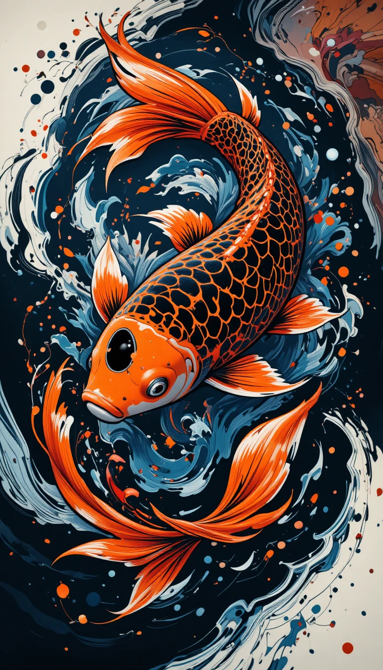 Dynamic koi fish against swirling abstract blue background