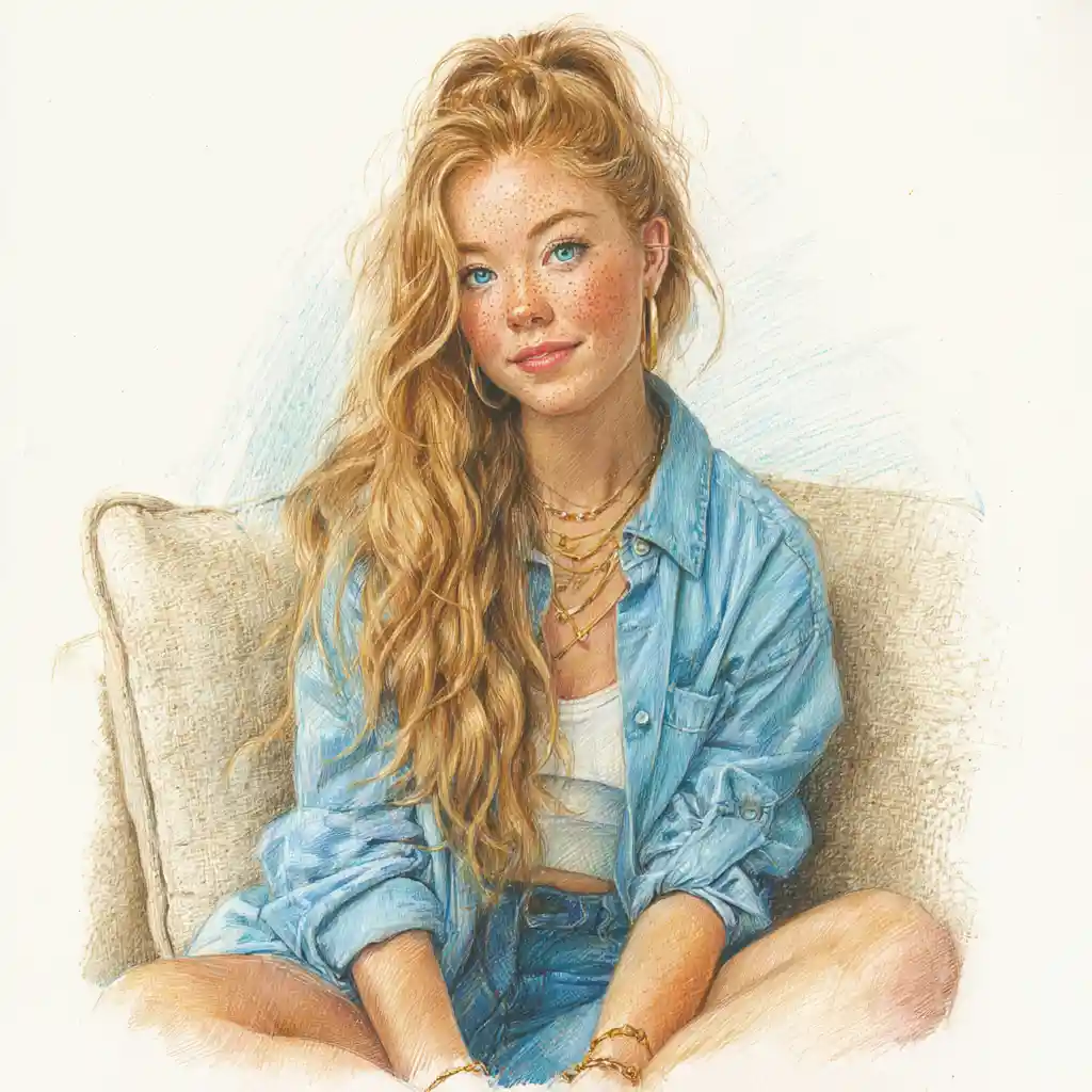 Cozy colored pencil portrait of a relaxed freckled girl