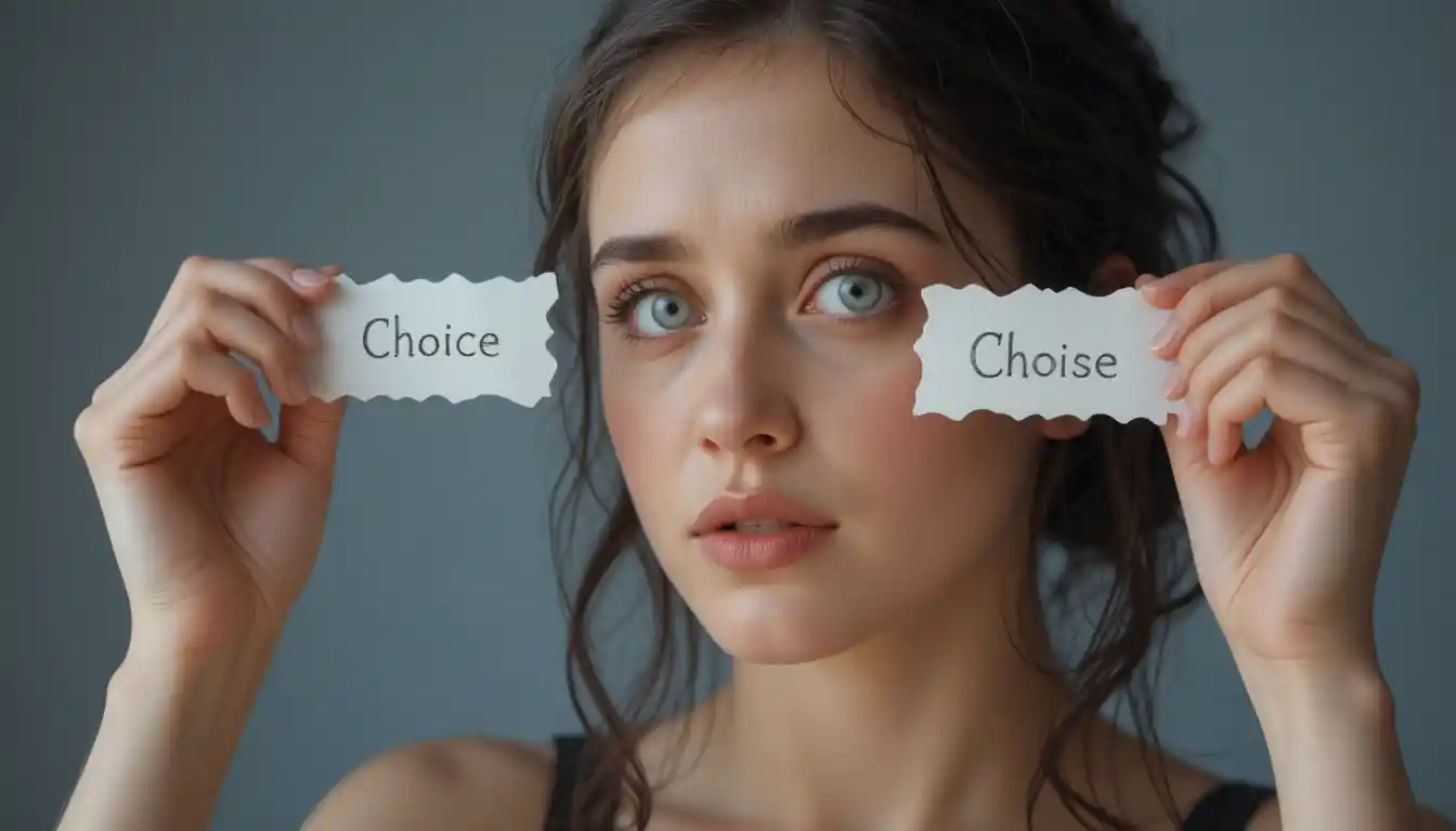 Libra woman weighing two choices in cinematic lighting