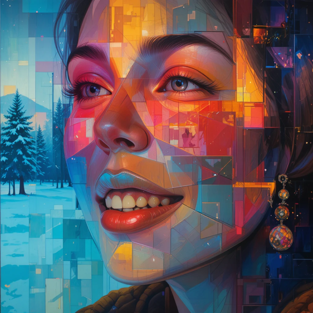 Laughing woman fragmented into rays of colored light