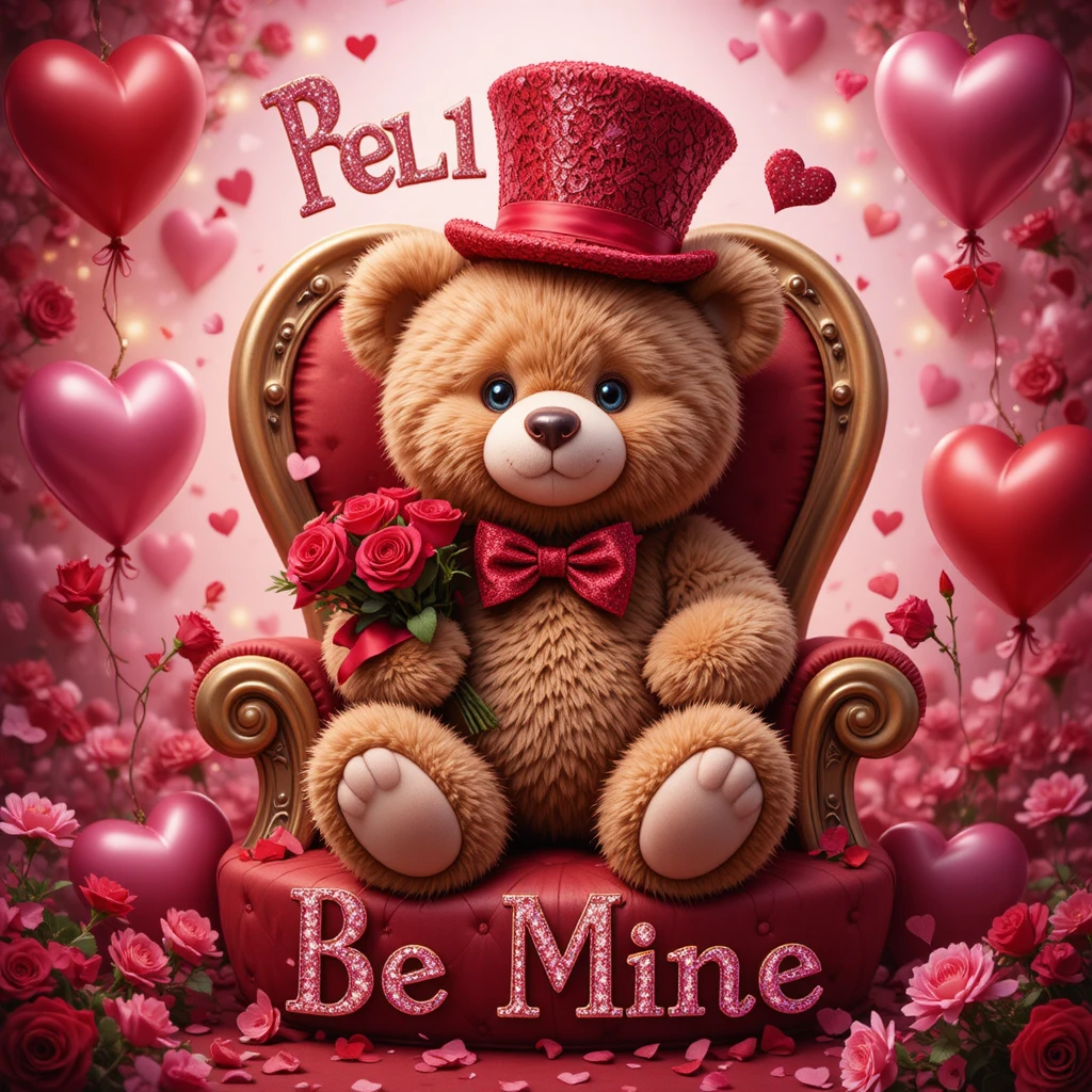 Cute Teddy Bear With Hearts And Roses Valentine Scene