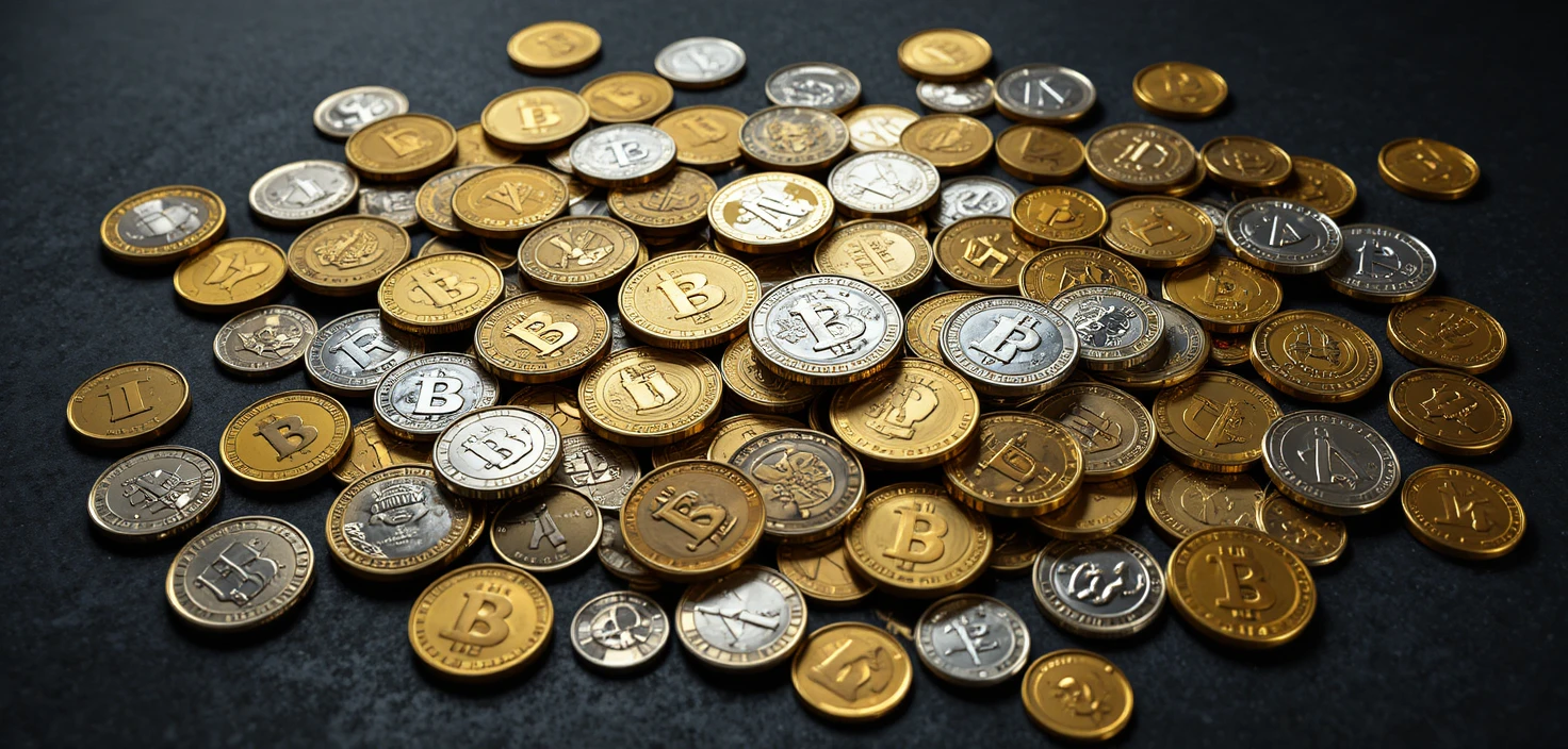Scattered gold and silver coins on a dark surface