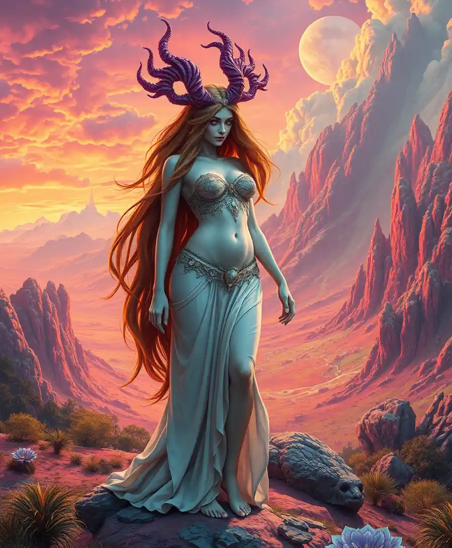 Surreal fantasy woman standing in a vibrant dreamlike landscape