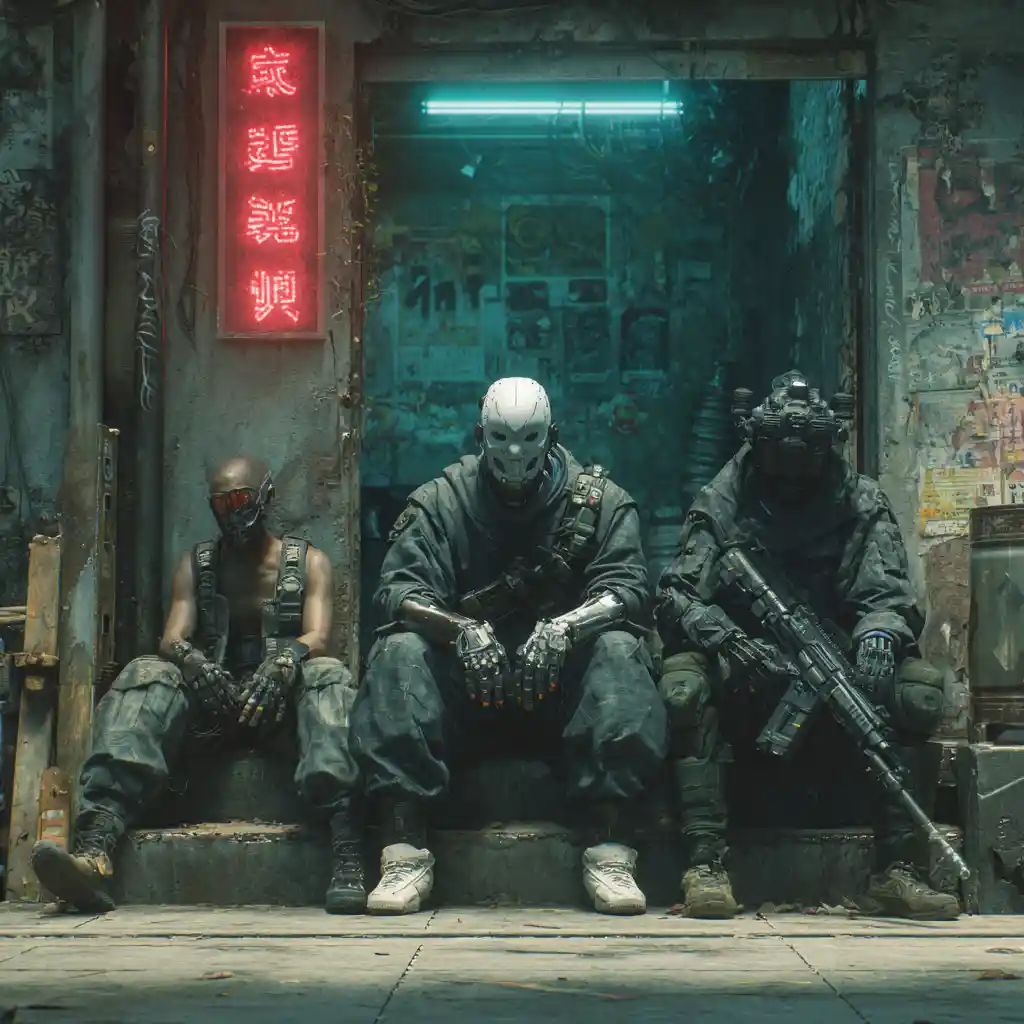 Asian gang members with cyber handguns in futuristic city