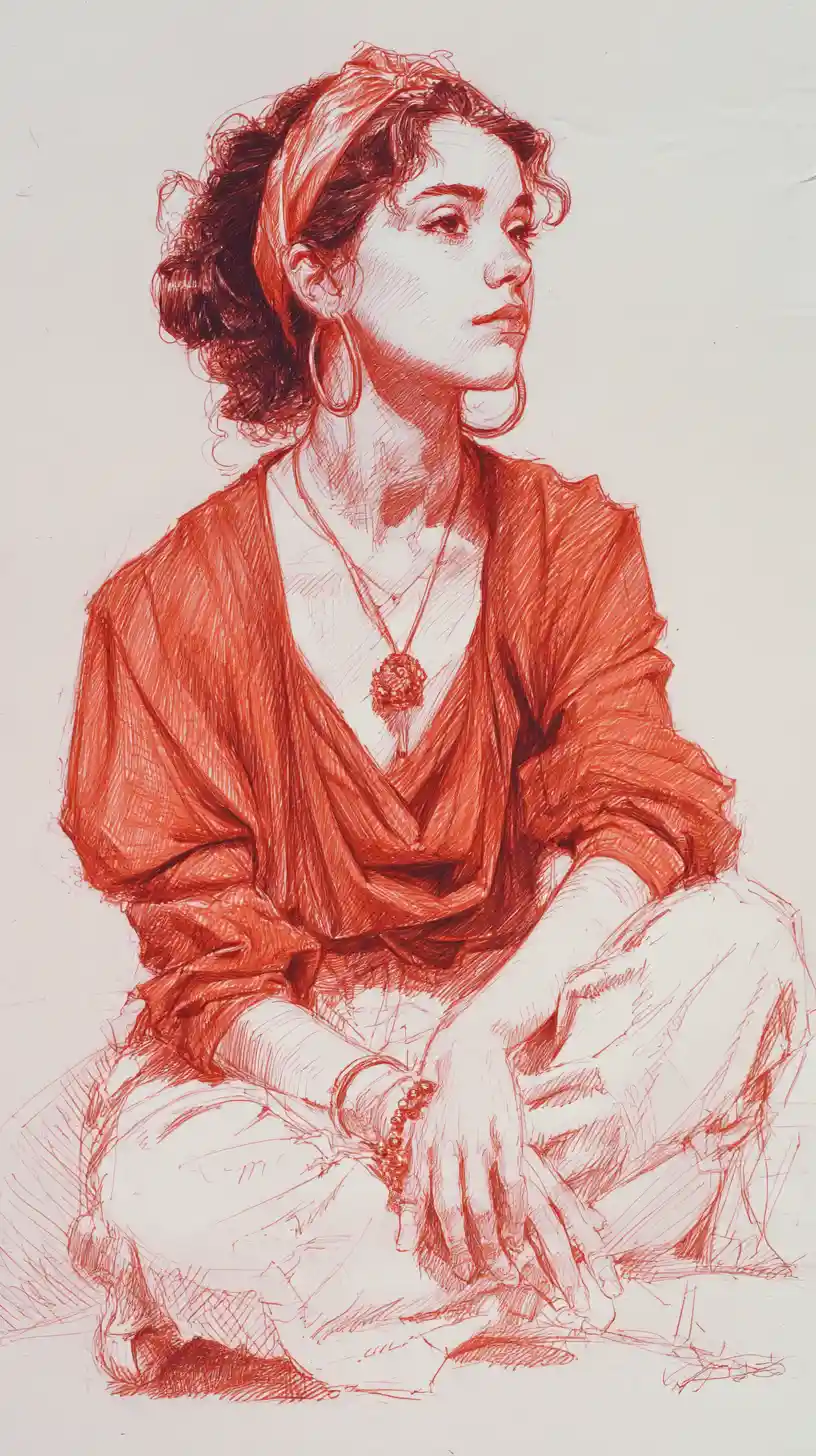 Figure drawing of a seated young woman in thoughtful pose