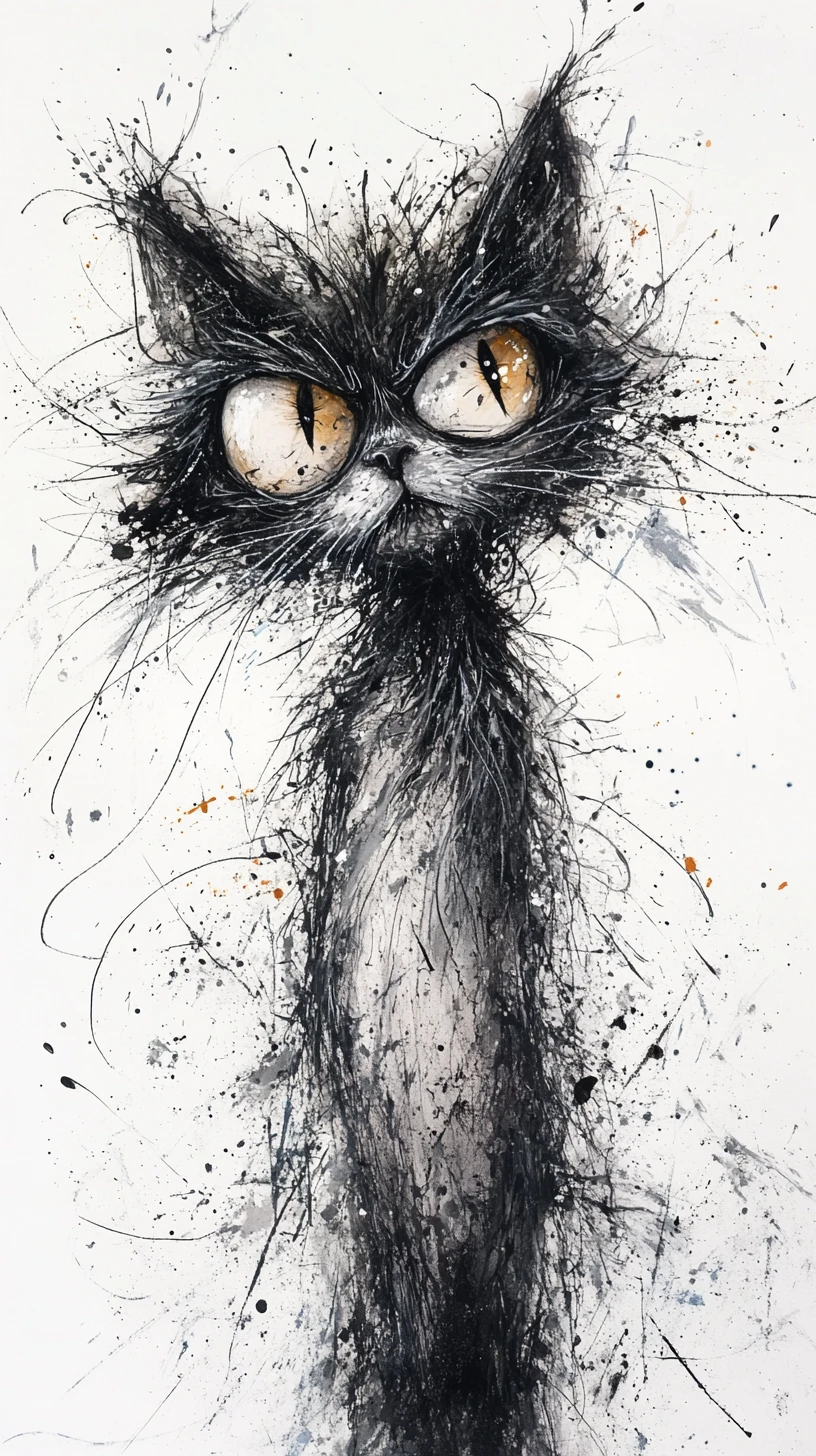 Scruffy cat portrait with oversized eyes and messy fur
