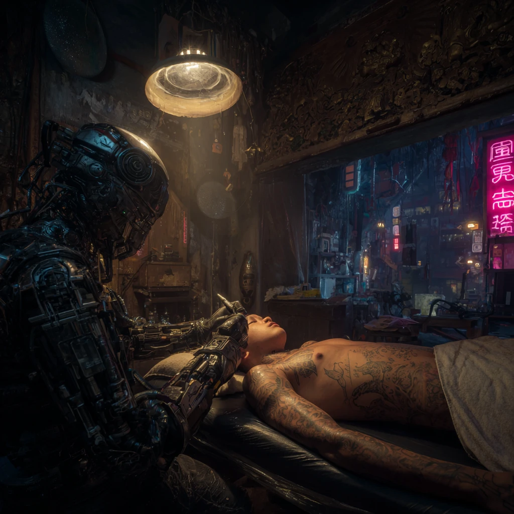 Gangster getting tattooed in a ghostly futuristic studio