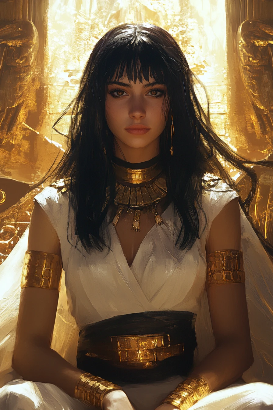 Egyptian princess standing in golden ancient temple ruins