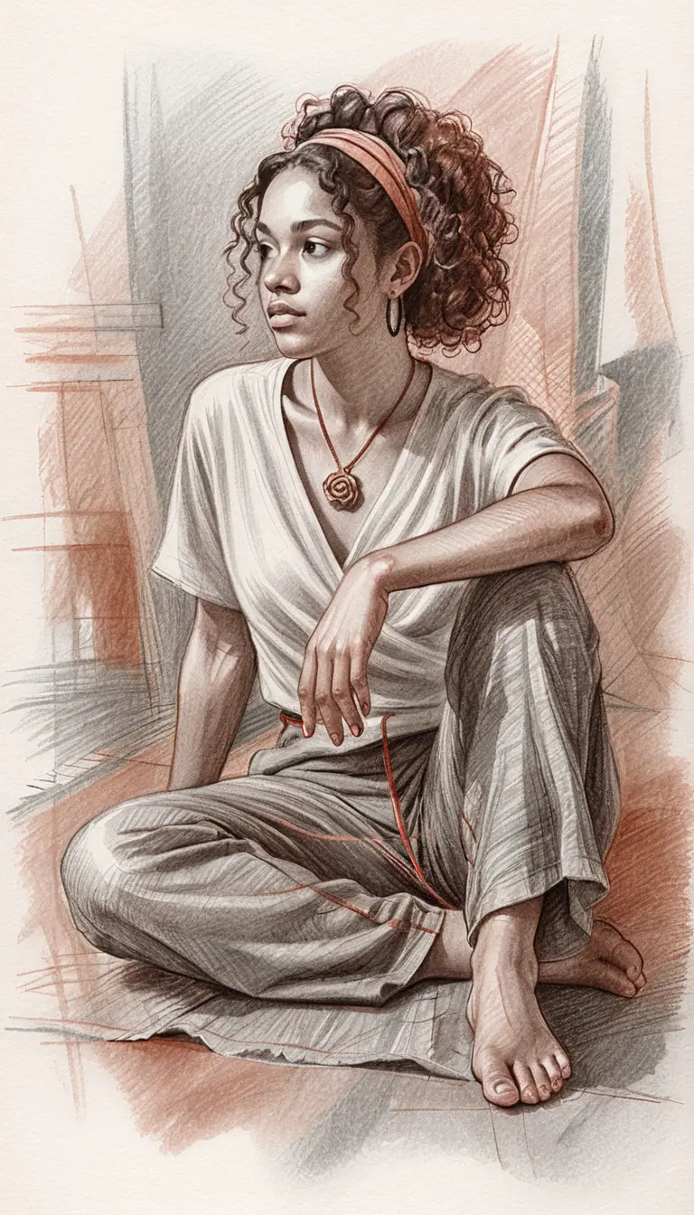 Figure drawing of a seated young woman in relaxed pose