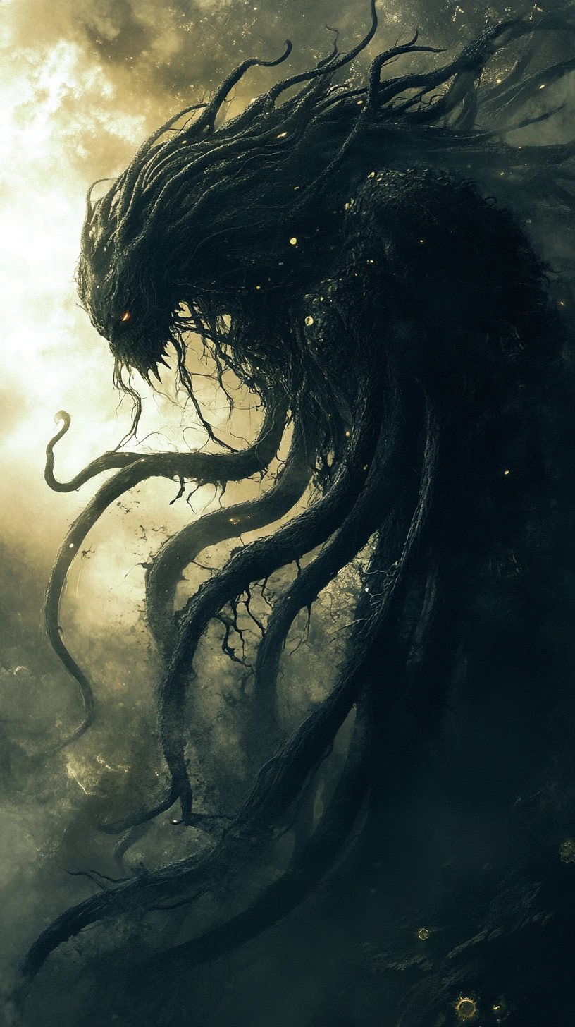 Ominous fantasy monster emerging in broad daylight