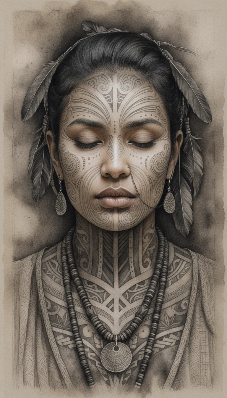 Meditative tattooed woman in charcoal close up portrait