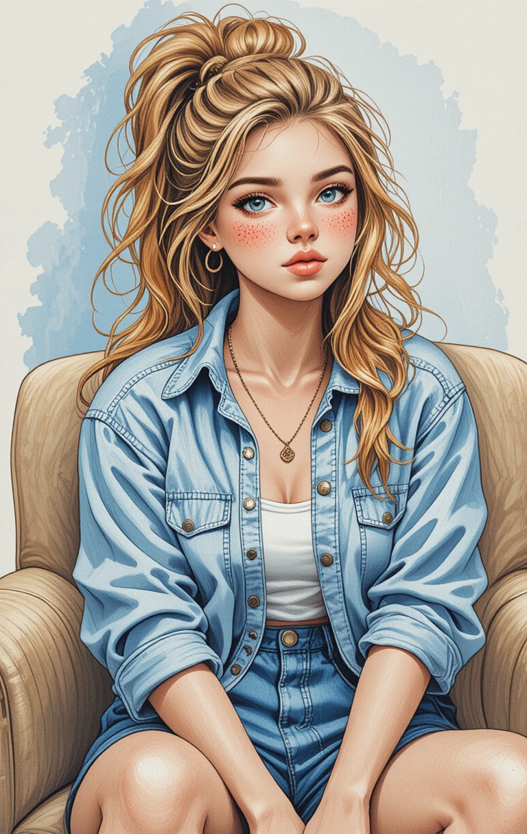 Sommer­sprossiges Mädchen in Denim auf einem gemütlichen Sessel