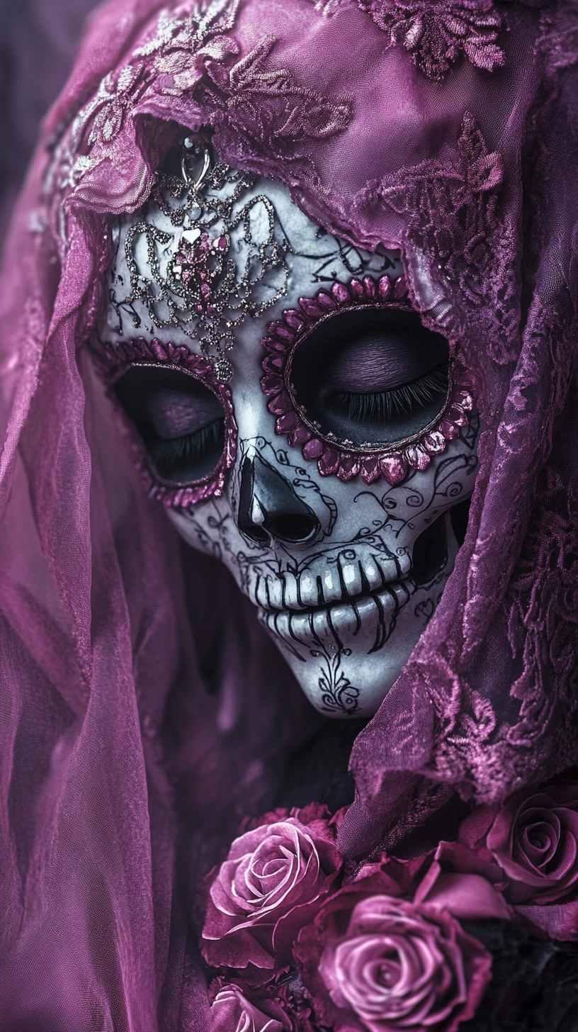 Sugar Skull Wrapped In Flowing Veil With Soft Pink Glow