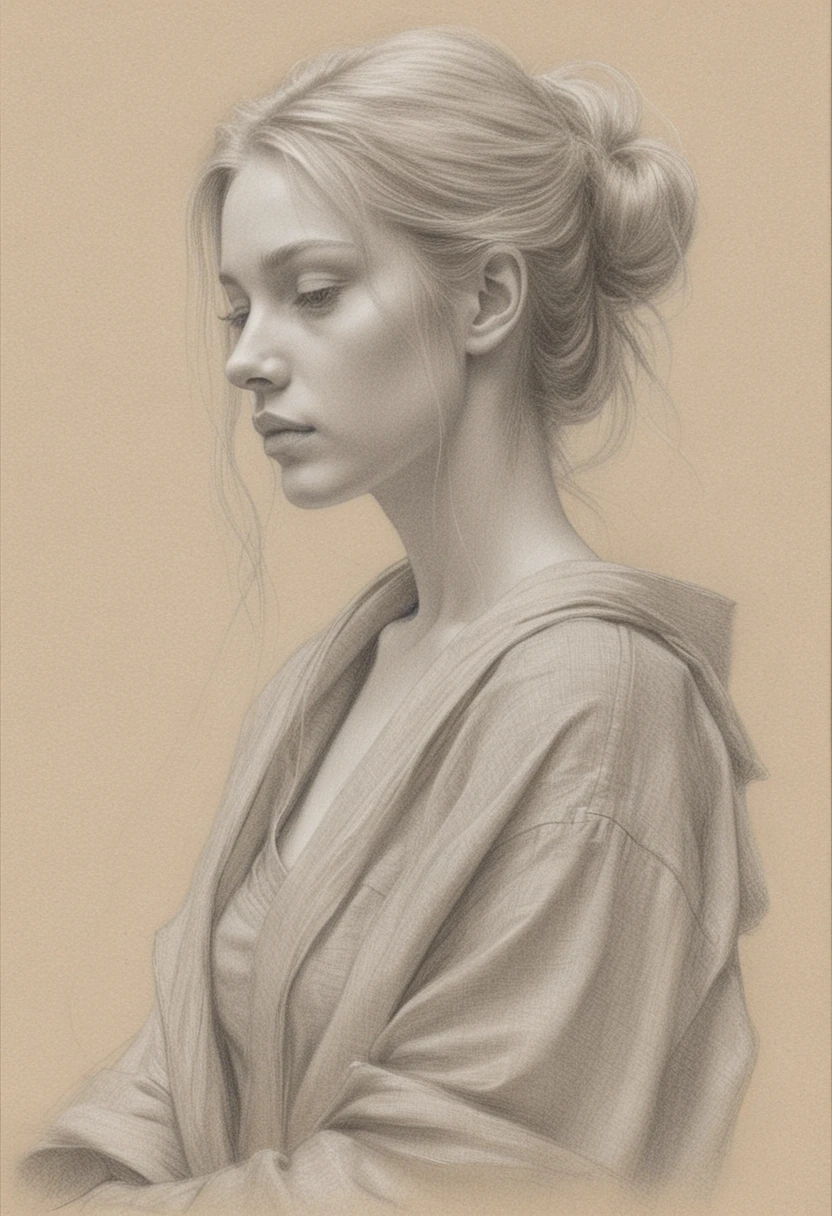 Melancholic pencil portrait of a young woman in profile