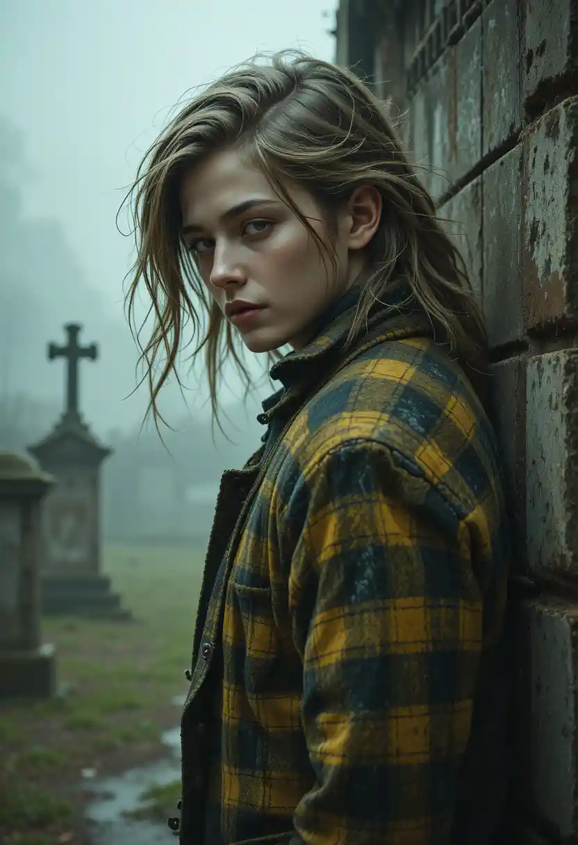 Gothic woman in plaid coat posing in a foggy graveyard