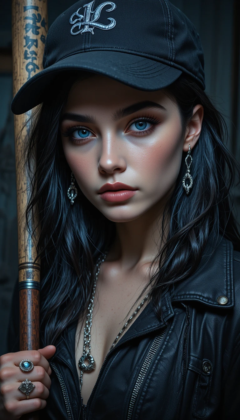 Dark haired woman with bat in moody low key portrait
