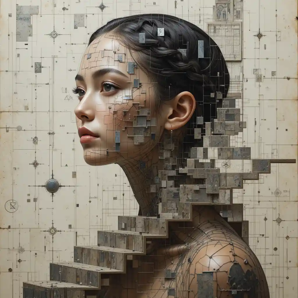 Cubo futurist portrait with braided hair and geometric collarbone