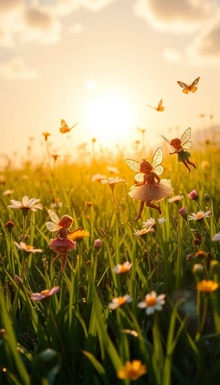 Fairies Dancing In A Dewy Enchanted Meadow At Sunrise