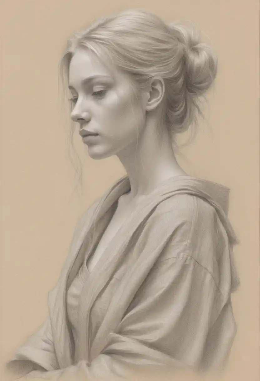 Melancholic pencil portrait of a young woman in profile