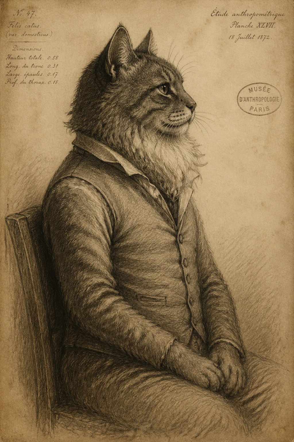 Anthropometric charcoal sketch of a distinguished seated cat