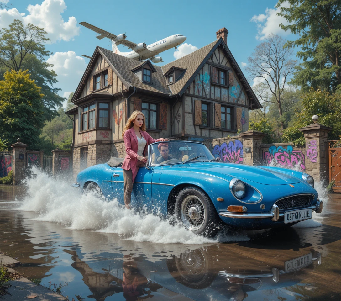 Tudor style house in a flooded street under clear sky
