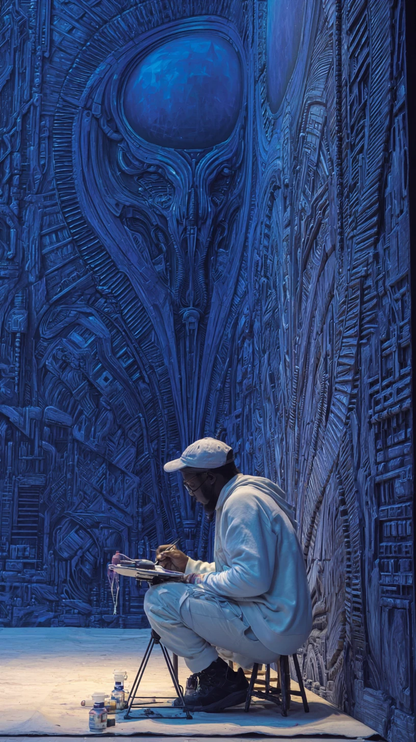 Black artist painting a surreal mural in art gallery