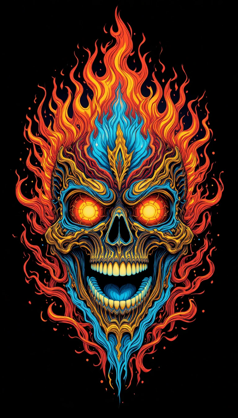Colorful fiery skull with blazing eyes on black background