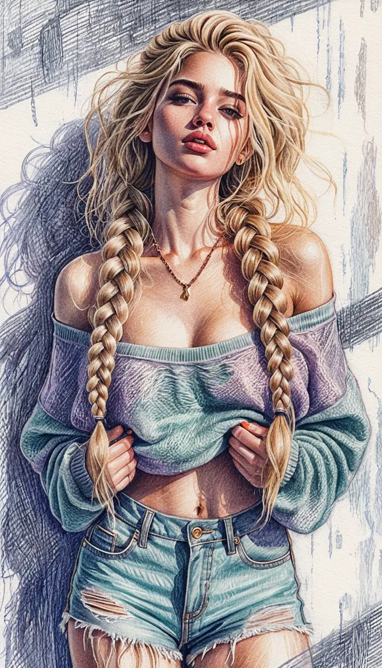 Moody portrait of braided blonde woman in purple sweater