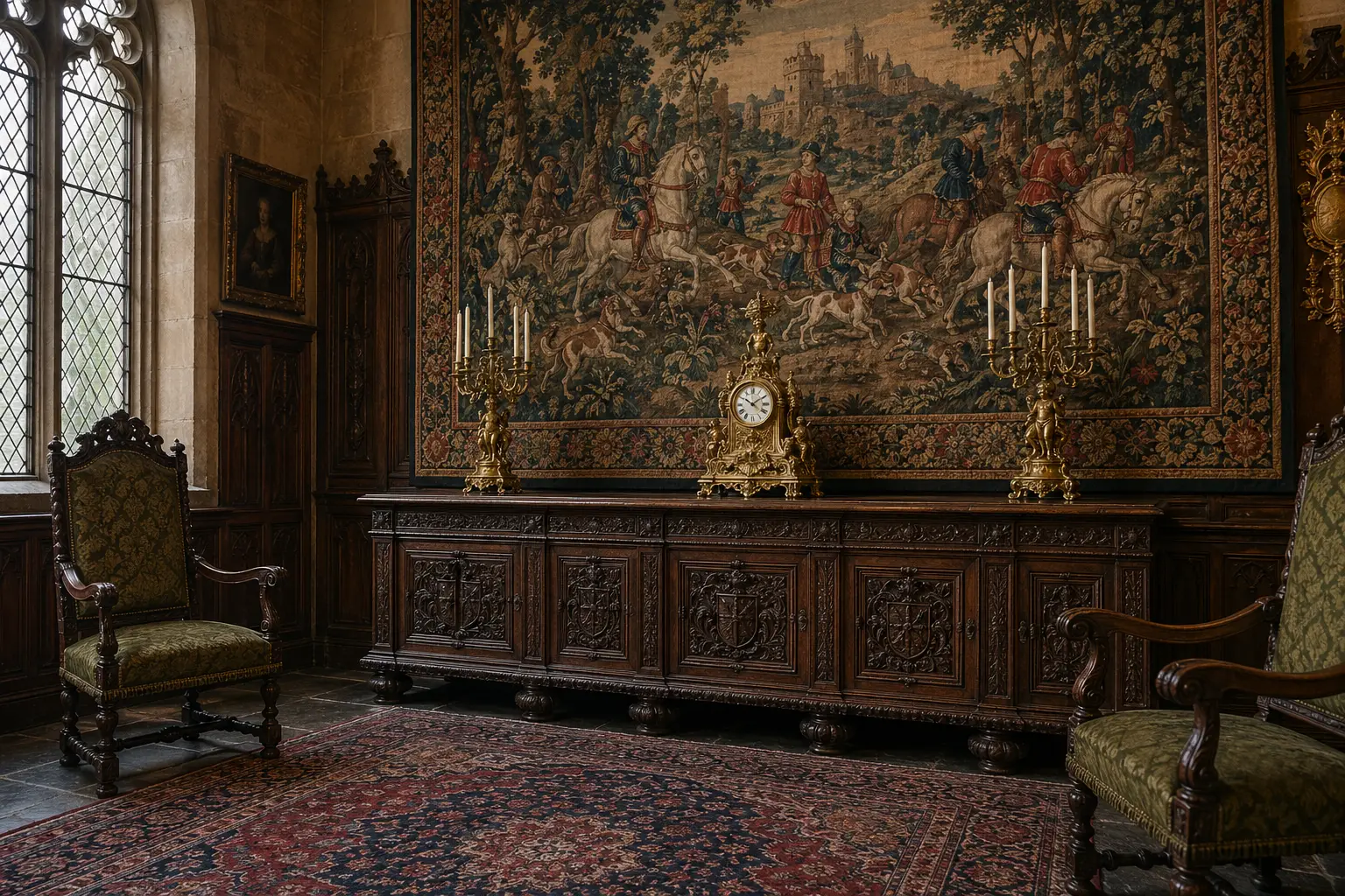 Grand hall with ornate sideboard and medieval tapestry