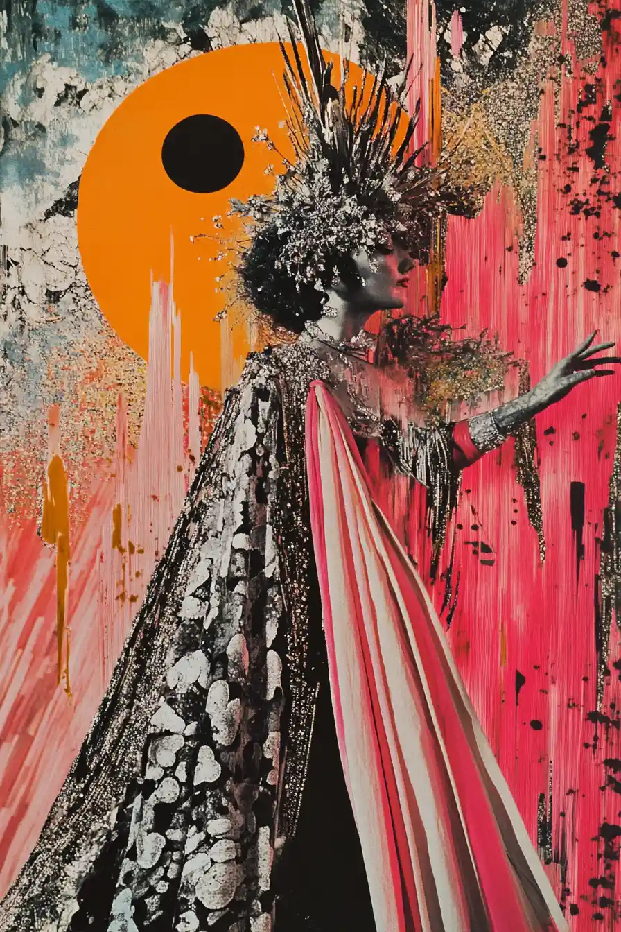 Surreal bohemian woman in joyful colorful collage portrait