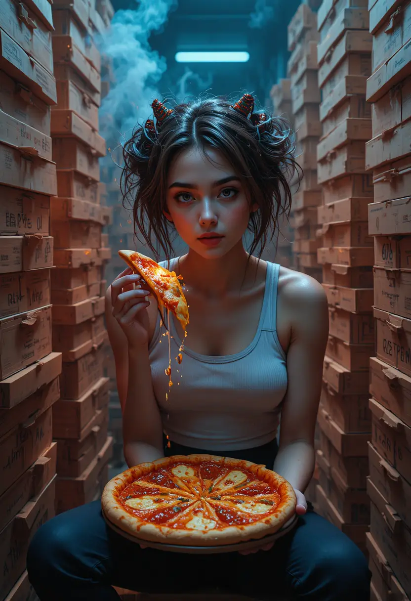 Playful horned anime girl eating pizza in neon apartment