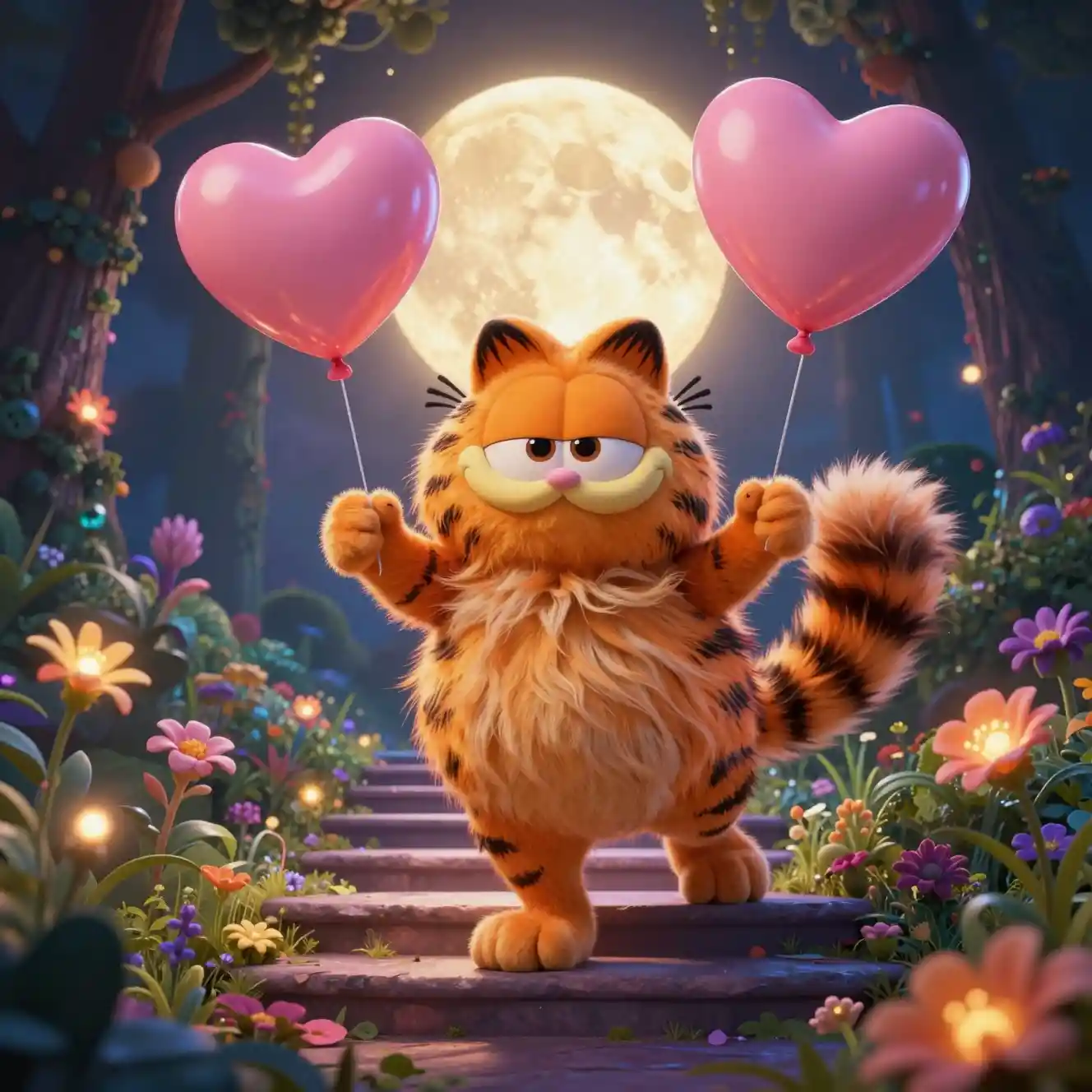 Chubby fantasy cat descending a moonlit garden staircase