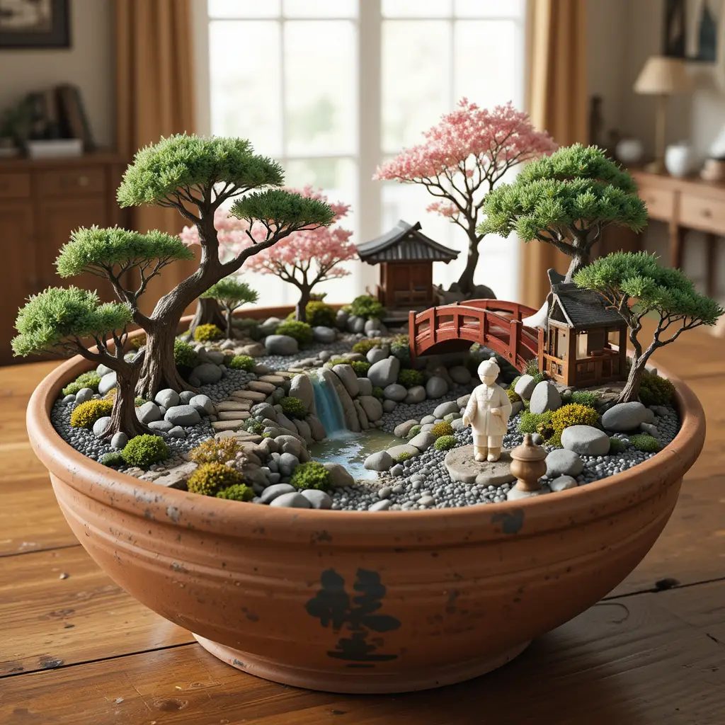 Miniature Japanese garden in a terracotta bowl on table