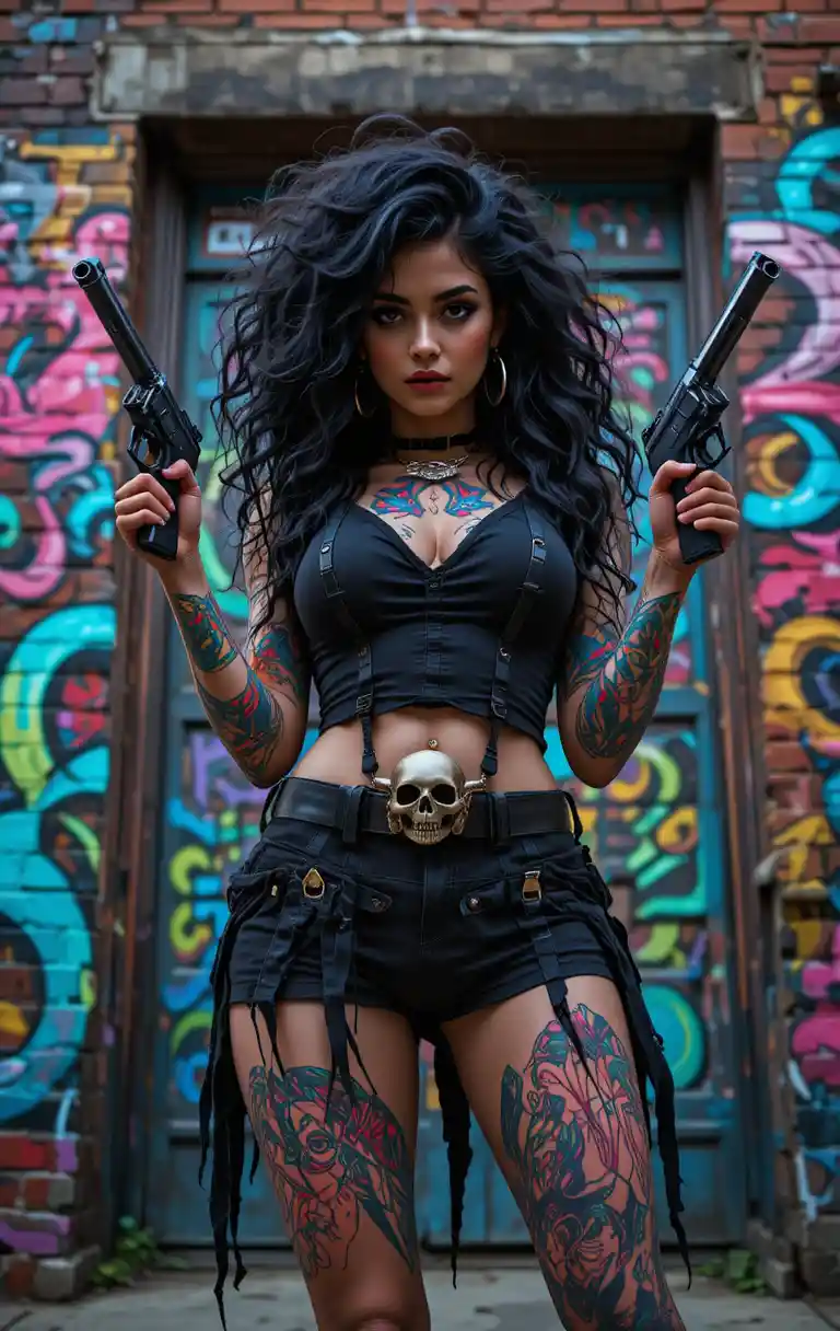Armed tattooed woman in ragged outfit before pastel city wall