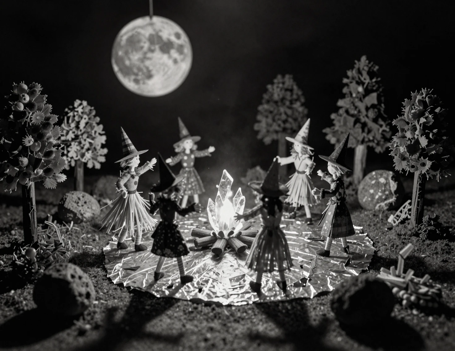 Miniatur-Hexen-Diorama beim Tanz um ein leuchtendes Glasfeuer