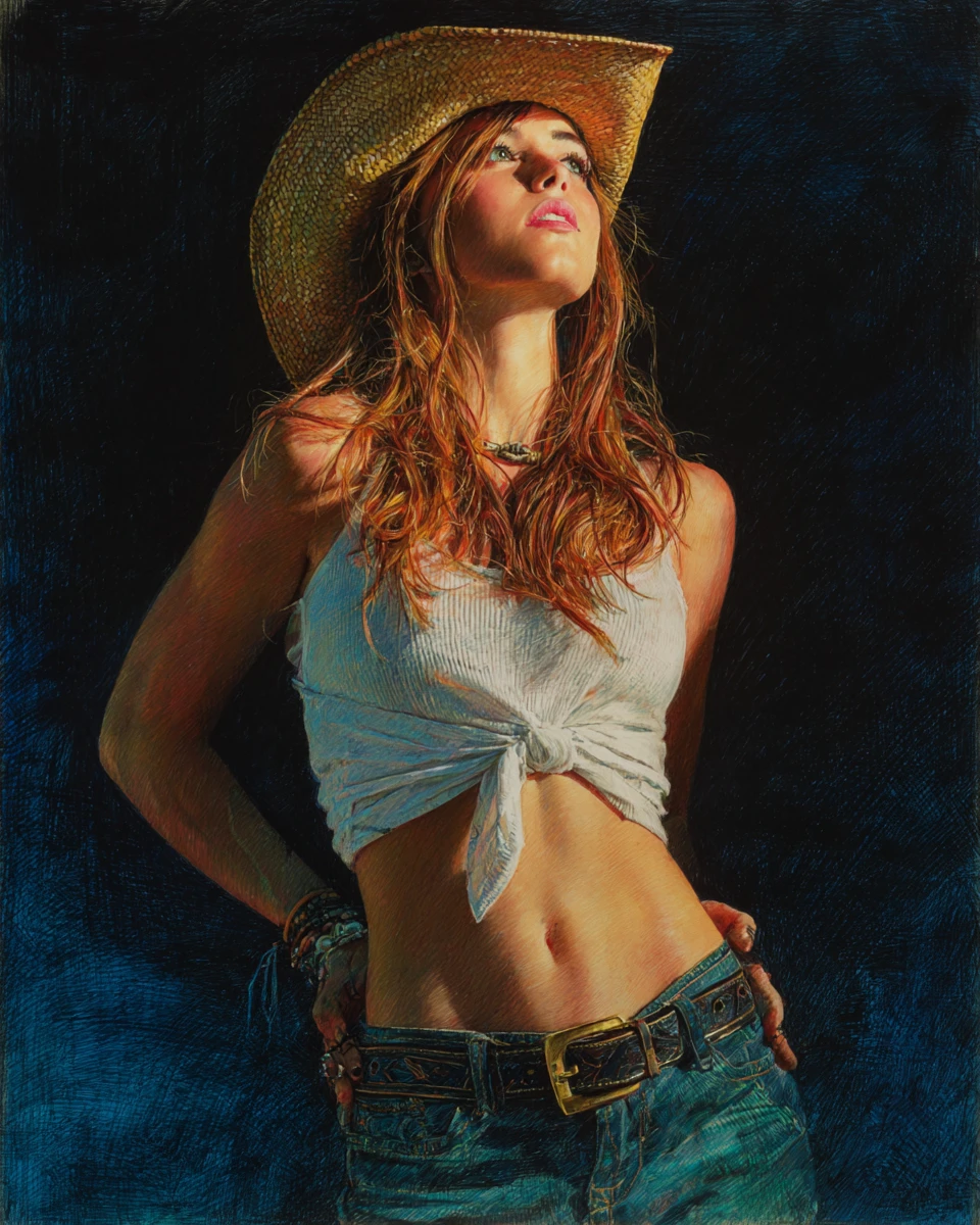 Cowgirl sicura di sé con canotta bianca e jeans