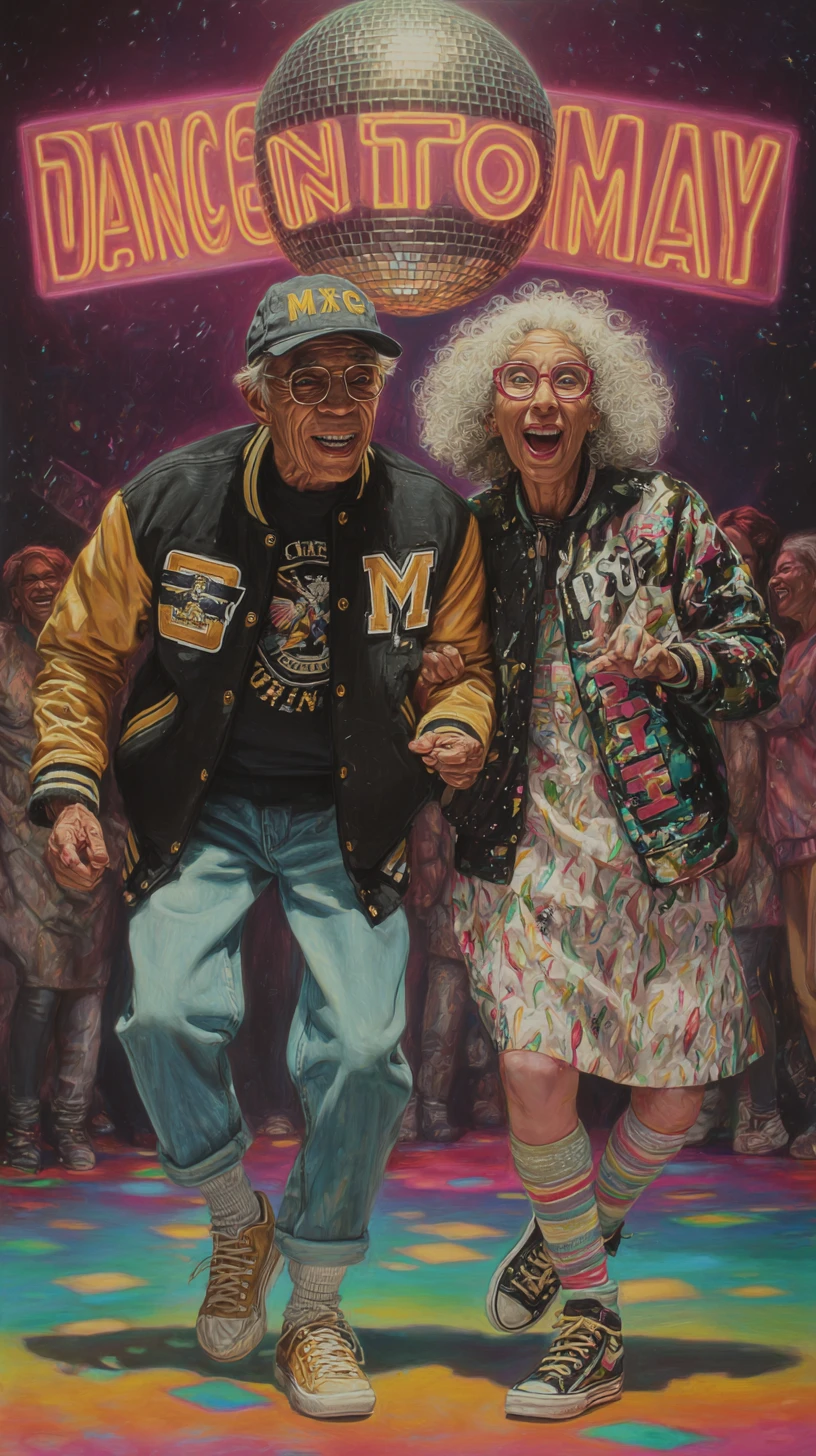 Older couple dancing under neon disco lights