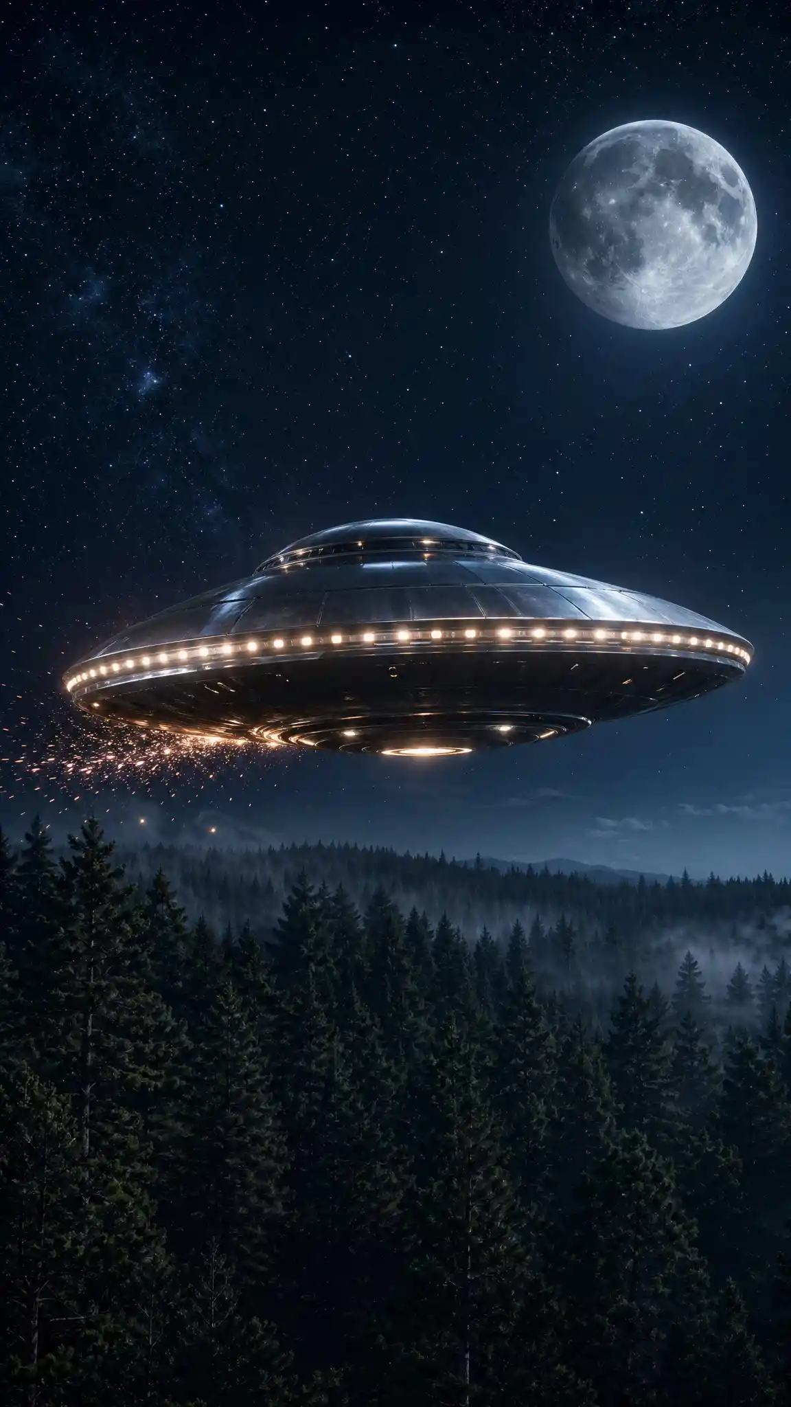 Glowing metallic ufo hovering above a moonlit forest