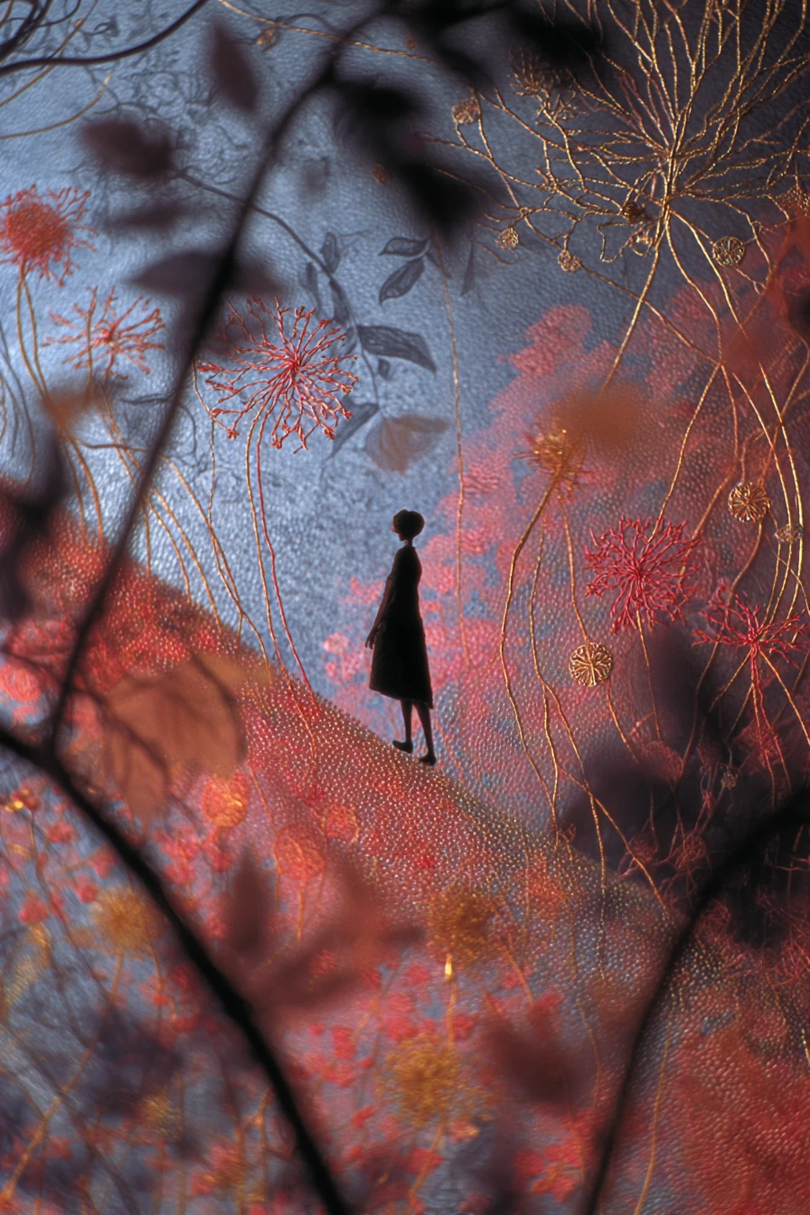 Surreal embroidered flower fields dissolving into a dreamy landscape