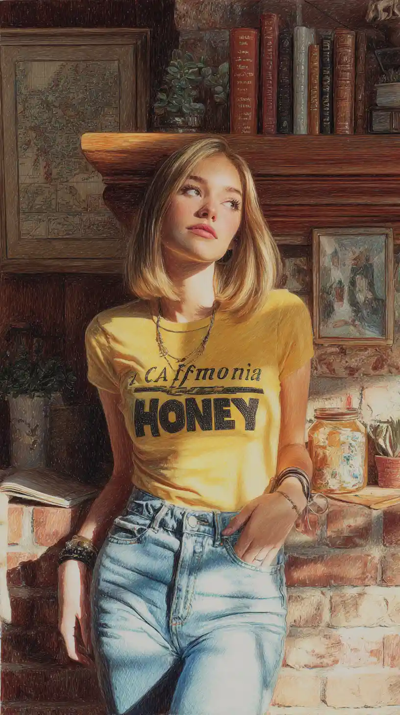 Dreamy blonde girl in yellow shirt in cozy living room