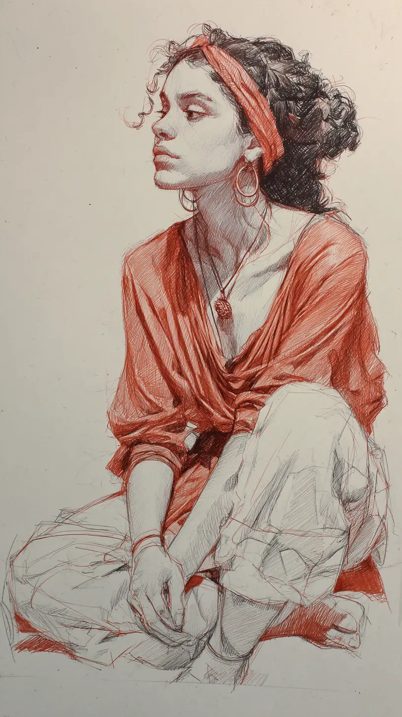 Figure drawing of a seated young woman in soft graphite tones